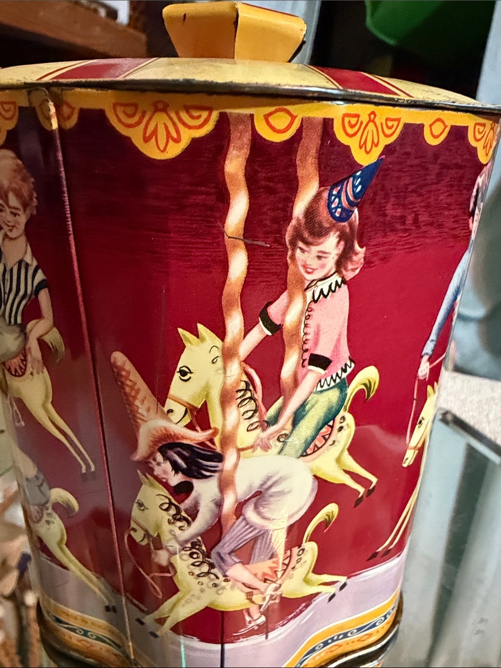 Vintage Carousel Tin Container Made in England Lithograph Merry Go Round - Picture 2 of 10
